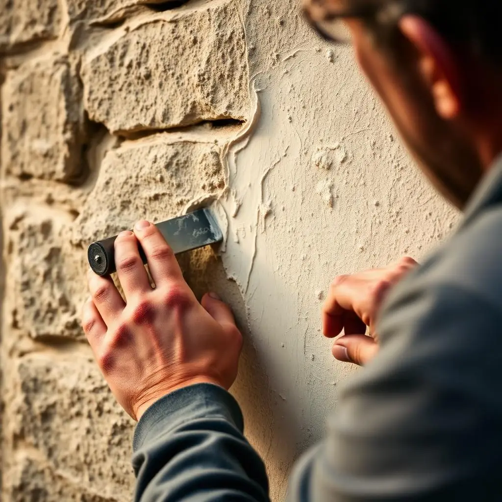 Un enduit est étalé sur un mur de pierre ; à gauche, les pierres encore à nu.
