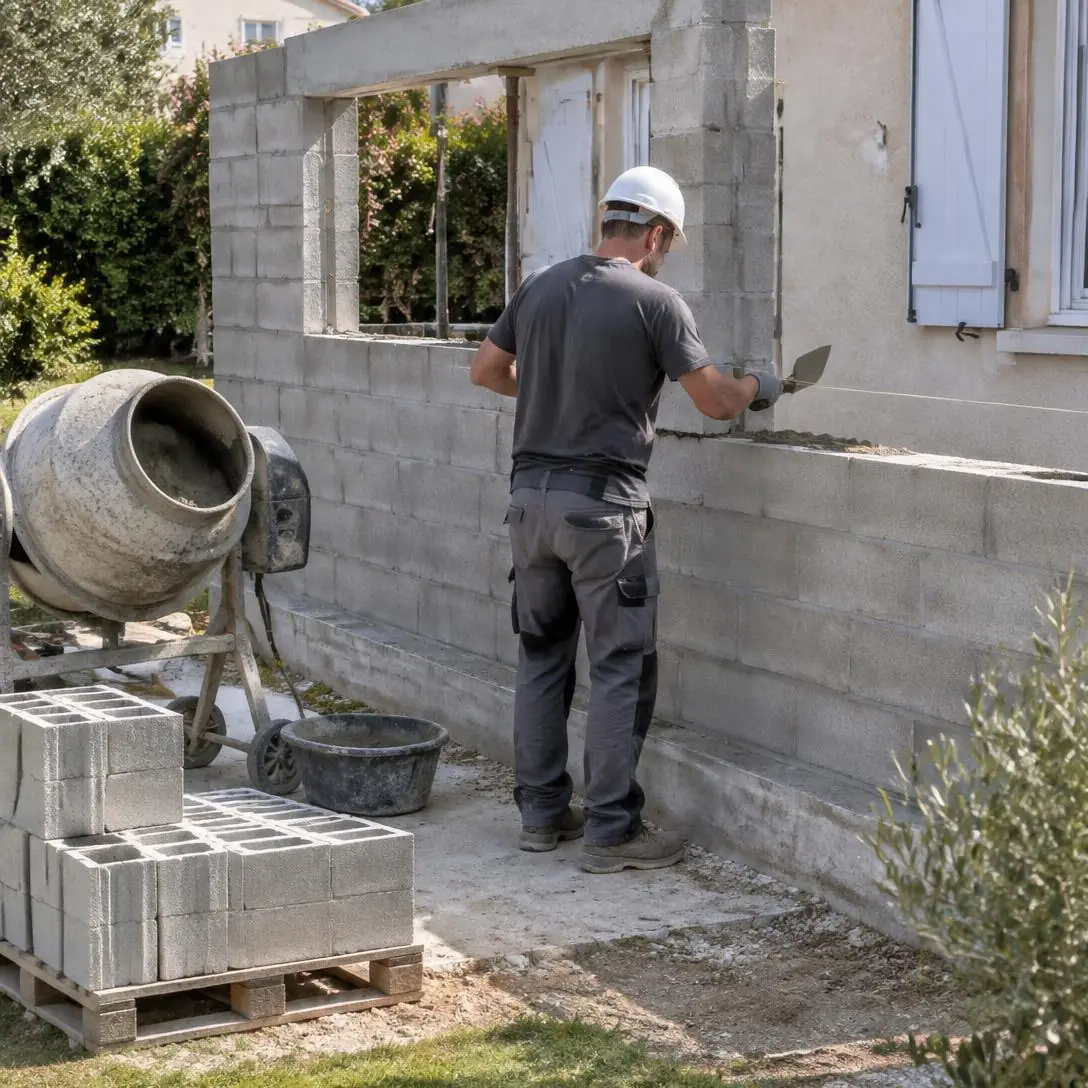 Extension en cours, murs en blocs béton montés contre la maison ; un linteau est posé au-dessus de l’ouverture.