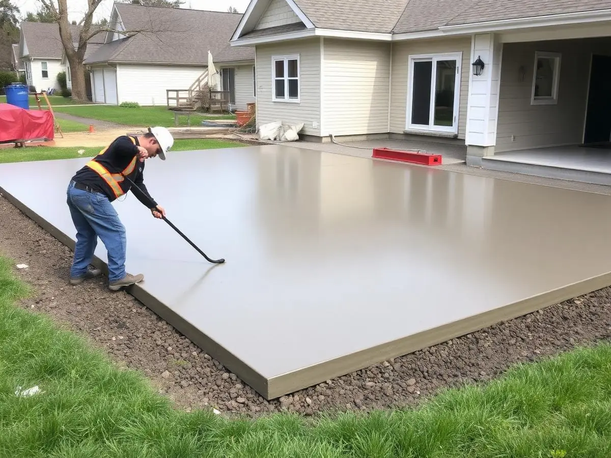 Lissage d’une dalle de béton extérieure devant une maison.