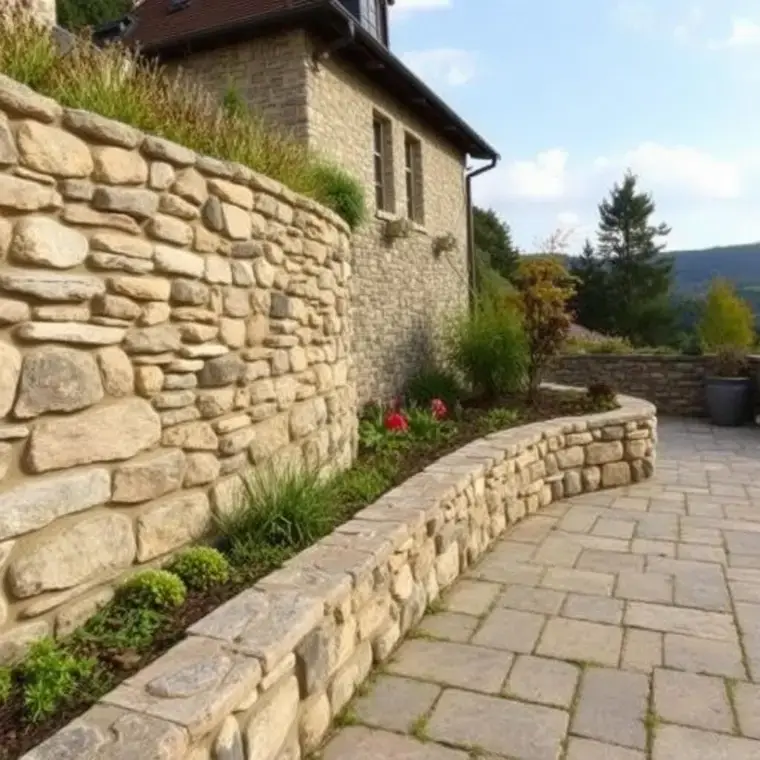 Mur en pierre & terrasse, chantier de maçonnerie à Nernier